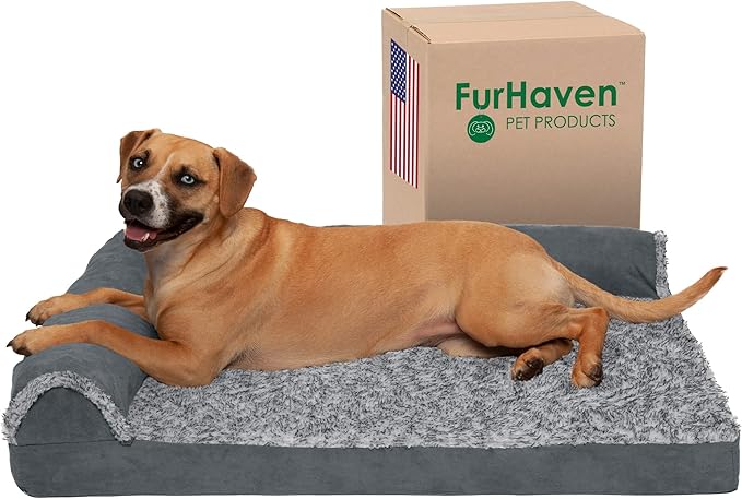 Furhaven Cooling Gel Dog Bed for Large/Medium Dogs w/ Removable Bolsters &amp; Washable Cover, For Dogs Up to 55 lbs - Two-Tone Plush Faux Fur &amp; Suede L Shaped Chaise - Stone Gray, Large