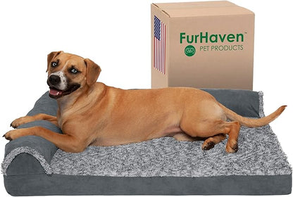 Furhaven Cooling Gel Dog Bed for Large/Medium Dogs w/ Removable Bolsters &amp; Washable Cover, For Dogs Up to 55 lbs - Two-Tone Plush Faux Fur &amp; Suede L Shaped Chaise - Stone Gray, Large