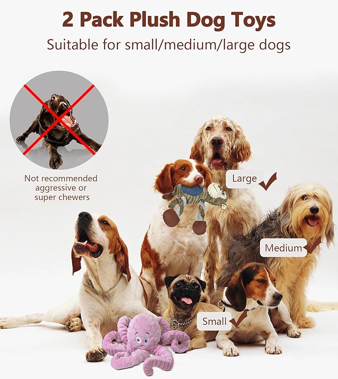 2Pack Dog Toys for Large Dog - Plush Squeaky Medium &amp; Small Dog Toys - Stuffed Animals Puppy Toys - (Monkey+Octopus Pink)