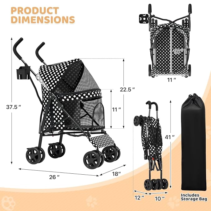 Magshion Compact Pet Stroller for Small-Medium Dogs/Cats up to 22lbs, 4-Wheel Lightweight Umbrella Shaped Portable Puppy Travel Jogger with Breathable Mesh, Cup Holder &amp; Rear Storage, Black Polka Dots