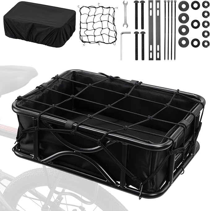 Heavy Duty Rear Bike Basket for Adults, Bicycle Cargo Basket with Removable Liner, Waterproof Cover &amp; Cargo Net, Universal Fit for E-Bike, Mountain Bike, Dog Carrier