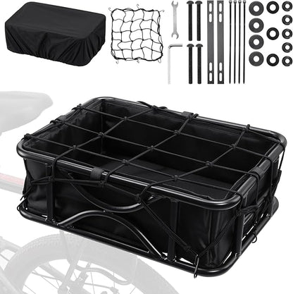 Heavy Duty Rear Bike Basket for Adults, Bicycle Cargo Basket with Removable Liner, Waterproof Cover &amp; Cargo Net, Universal Fit for E-Bike, Mountain Bike, Dog Carrier