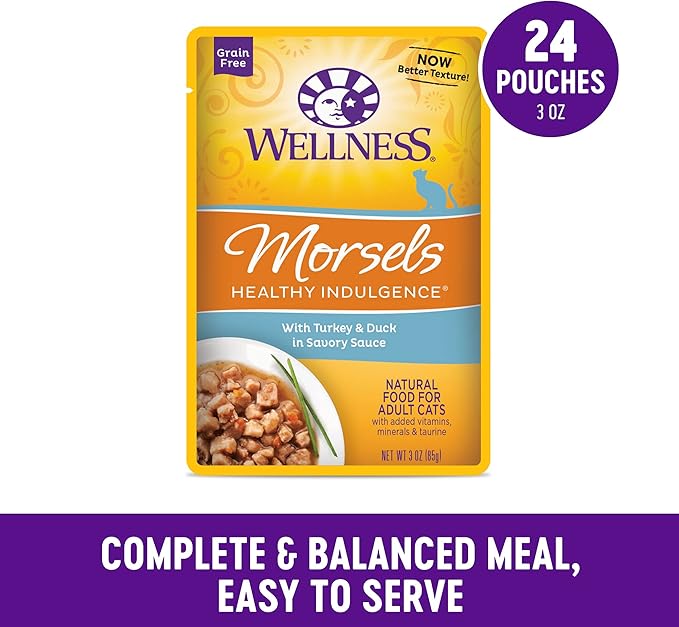Wellness Healthly Indulgence Morsels Adult Wet Cat Food, Natural, Protein-Rich, Grain Free, 3 Ounce Pouch, 24 Pack, (Turkey &amp; Duck)