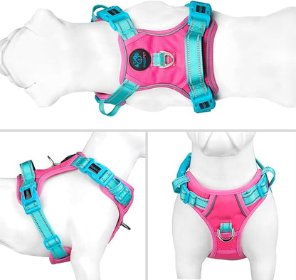PHOEPET No Pull Dog Harness, Unique Colors Reflective Adjustable Dog Vest, with Soft Training Handle Metal Clips for Small Medium Large Dogs (Pink Base &amp; Green Straps,M)