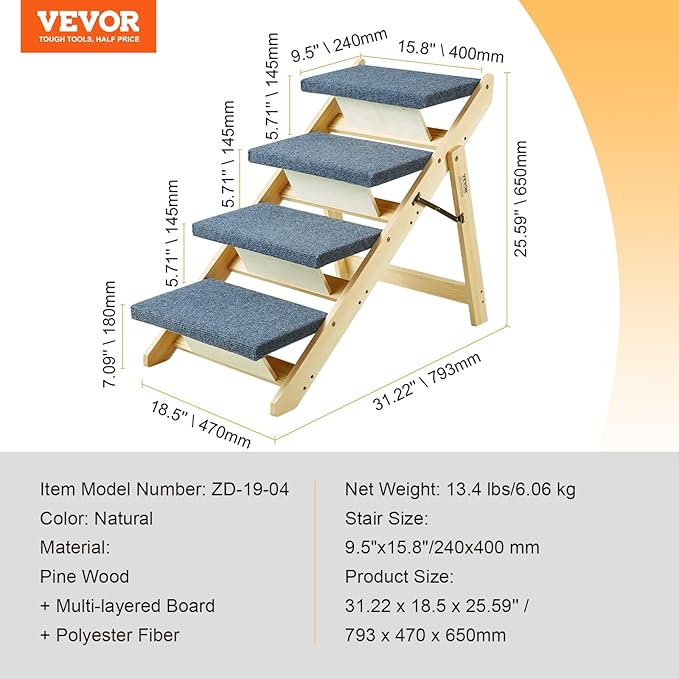 VEVOR Wood Pet Stairs/Pet Steps, 2-in-1 Foldable Wooden Dog Stair for Beds, Sofa and Cars, Dog Stairs &amp; Ramp with 4 Steps for Small Medium Large Pet, up to 150 lbs