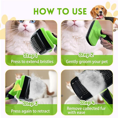 Large Self Cleaning Deshedding Brush for Dogs &amp; Cats - One Button Hair Release Grooming Tool, Gentle Massage Brush for Long and Short Hair (Green)