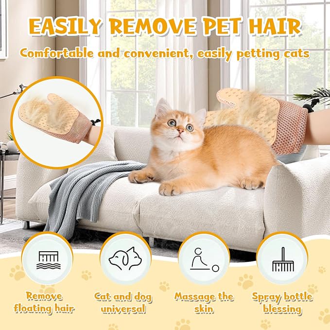 Pet Hair Removal Glove,2025 New All-in-One Grooming Mist Pet Hair Remover Gloves, Pet Hair Remover Glove for Cats &amp; Dogs,Double-Sided Reusable Gloves for Couch, Clothing,Carpet (Pink)