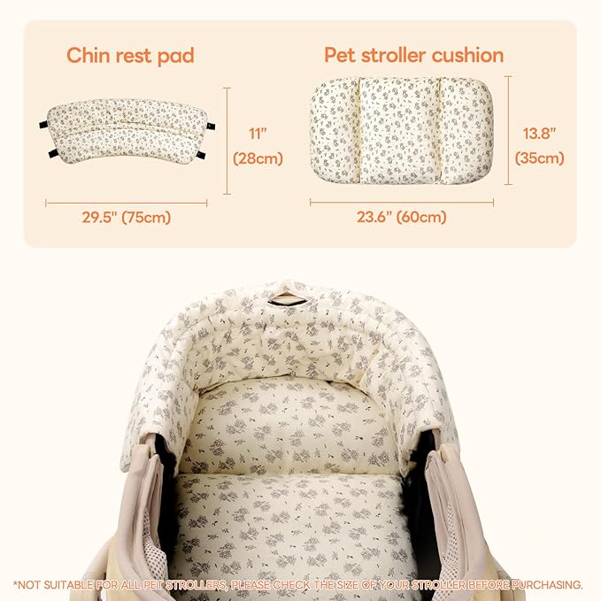 Dog Stroller Cushion &amp; Mat, Pet Stroller Cushion for Dogs &amp; Cats, 5-Level Waterproof &amp; Removable Inner Core, Dog-Ergonomic 3-Zone Support, 4-inch Thickness (Flower Set)