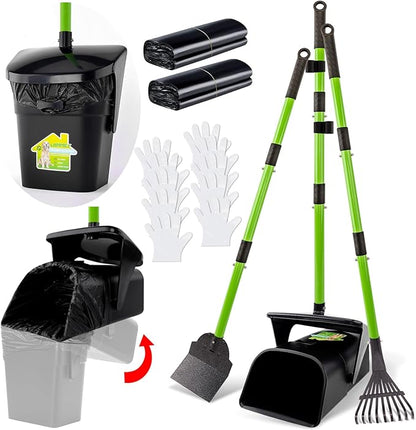 LANNEY Pooper Scooper - 38" Long Adjustable Metal Handle Dog Pooper Scooper Swivel Bin &amp; Rake &amp; Spade with 50 Bags Attachment, Portable Heavy Duty Dog Poop Scooper for Yard Dogs Large Medium Small