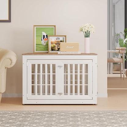 42" Heavy Duty Dog Crate Furniture for Small,Medium and Large Dogs,Rustic Wooden Dog Cage Kennel Indoor Furniture with Waterproof Top,Decorative Pet House Side End Table (White &amp; Wood)