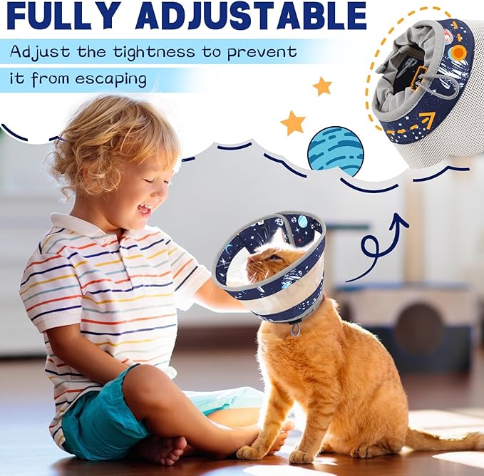 Breathable Air Mesh Cat Cone Collar Soft - Adjustable Recovery Collar to Stop Licking After Surgery, Foldable Lightweight E-Collar for Cats &amp; Kittens (Sky Star, S)