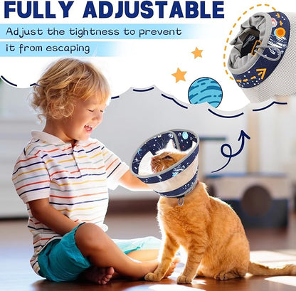 Breathable Air Mesh Cat Cone Collar Soft - Adjustable Recovery Collar to Stop Licking After Surgery, Foldable Lightweight E-Collar for Cats &amp; Kittens (Sky Star, S)