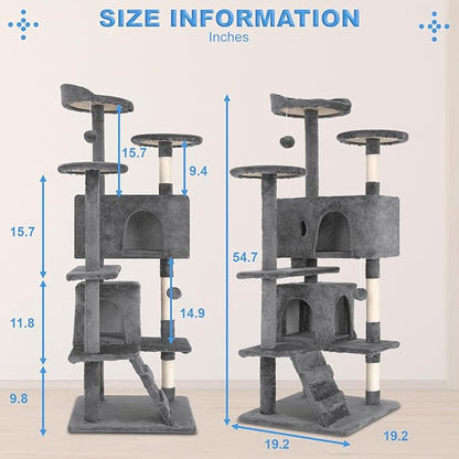 FDW Cat Tree 54in Cat Tower Multi-Level Durable Cat Scratching Post &amp; Cozy Fun Cat Jumping Platform Space Saving Cat Condo Pet Play House for Indoor Cats,Light Gray