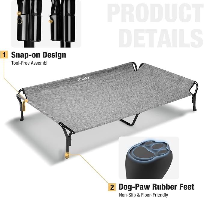 Veehoo Cooling Elevated Dog Bed, Guardrail Raised Pet Cot, Indoor &amp; Outdoor XXL Pet Bed with Washable &amp; Breathable Teslin Mesh, Non-Slip Feet, Dog Couch Bed, 62.5" x 37", Black Silver