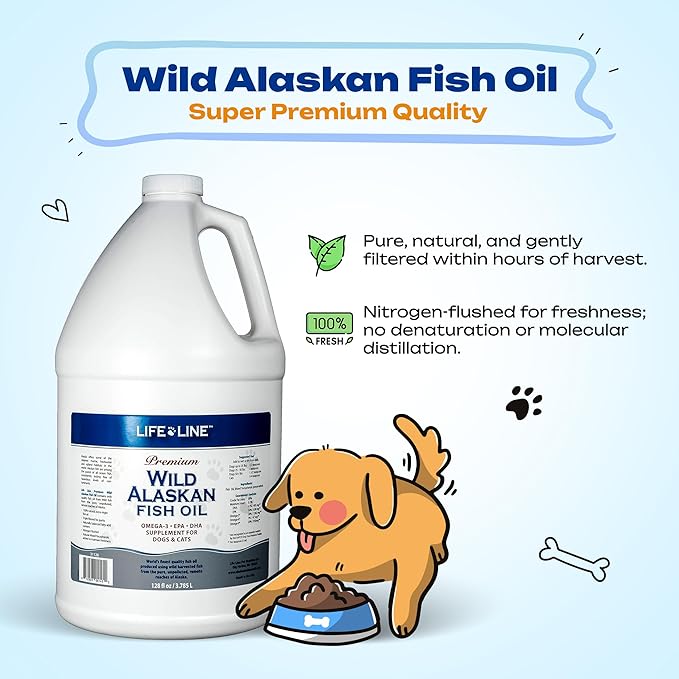 Life Line Pet Nutrition Wild Alaskan Fish Oil for Dogs and Cats 128oz – Omega 3 Fish Oil Supplement for Skin &amp; Coat, Brain, Eye &amp; Heart Health