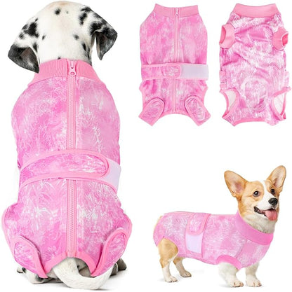 Lukovee Recovery Suit for Dogs - Zipper On Onesie for Female Male Dog, Abdominal Wounds Cone E-Collar Alternative, Prevent Licking Spay (Pink-TPI, L)