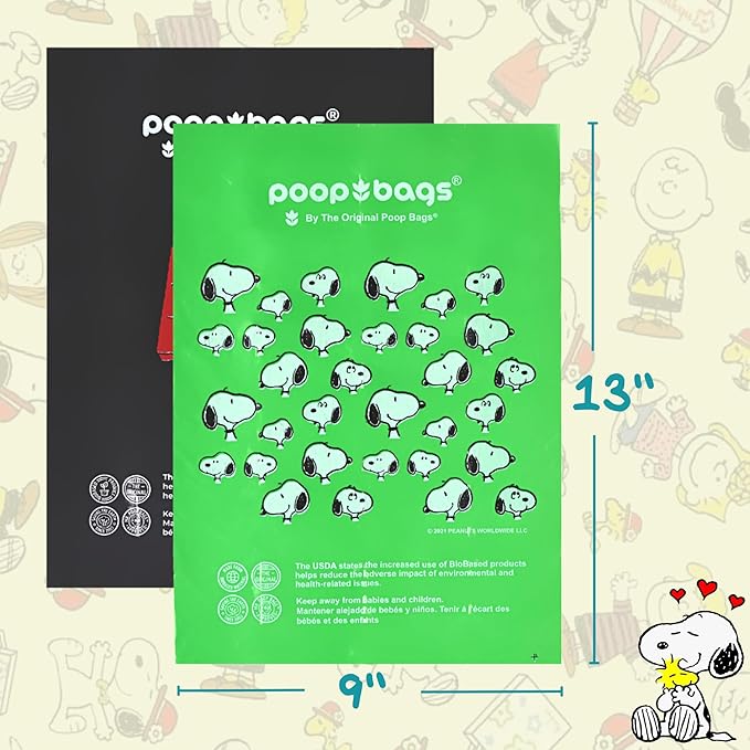 The Original Poop Bags® 38% USDA Biobased Pet Waste Bags, Peanuts Design, Leak-Resistant &amp; Durable, Black/Green, 360 Count