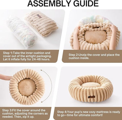 MEWOOFUN Cat Bed, Washable Beds for Indoor Cats, Cute Donut Bed Fluffy Pet Bed with Non-Slip Bottom, Calming Round Bed for Puppy and Kitten (Light Brown)