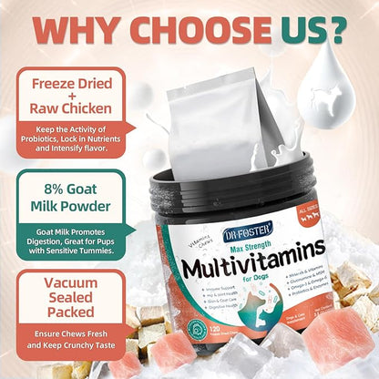 Dog Multivitamin with Glucosamine, Omega 3, Minerals, Probiotics and Enzymes, Dog Vitamins and Supplements for Joint, Skin &amp; Coat Care, Digestive and Immune Health, Chicken Flavor - 120 Chews