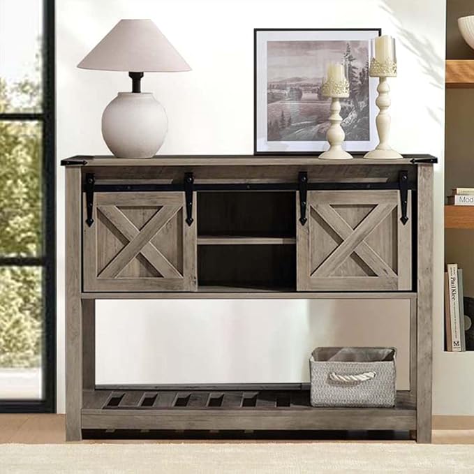 Entryway Table with Storage, Farmhouse Buffet Cabinet Coffee Bar Kitchen Island with Sliding Barn Doors &amp; Shelves, Console Table for Kitchen, Dining Room, Living Room, Grey