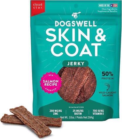 Dogswell Skin &amp; Coat Jerky Dog Treats, Salmon, 10 oz. Bag