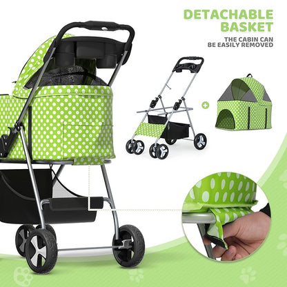 Magshion Foldable Pet Stroller, 3-in-1 Dog Travel Jogger with Detachable Carrier, Cup Holder, Storage Basket, Folding Carrier for Small/Medium Dogs &amp; Cats Up to 33 lbs, Lawn Green Polka Dots
