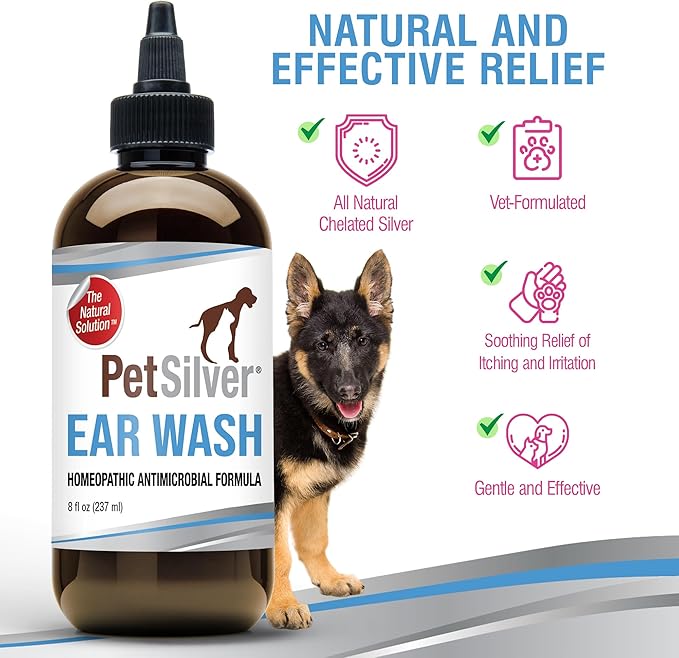 PetSilver Ear Cleaner for Dogs &amp; Cats – Gentle Otic Rinse with Chelated Silver Formula – Supports Clear, Comfortable Ears – Easy to Use – Thoughtfully Made in The USA with Care – 8 fl oz