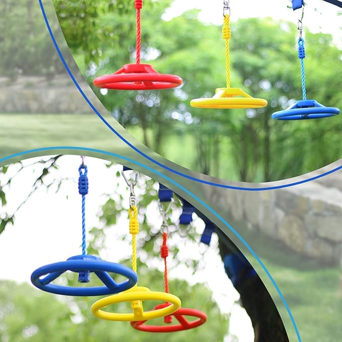 Rainbow Craft 3-Pack Ninja Monkey Wheels，Obstacle Course &amp; Swing Set Attachments for Kids ，Outdoor Backyard Playground Accessory，Red, Blue &amp; Yellow