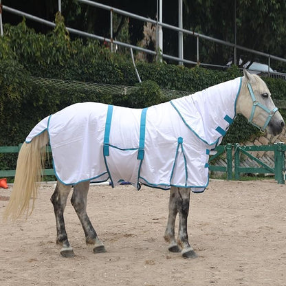 Horse Fly Sheet with Detachable Neck Cover &amp; Belly Wrap, Adjustable Fly Sheet for Horses, Ventilated Airflow Mesh Equine Cooling Summer Flysheet White 72