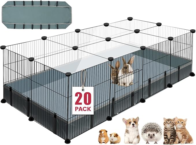 20 Panels Small Animal Playpen, 48" x 24" x 16" Pet Playpen with Waterproof Mat, C&amp;C Cage for Guinea Pigs, Rabbit/Bunny/Baby Chicken Cage,Bunny/Puppy/Chicken Pen Indoor Outdoor Portable Metal Fence