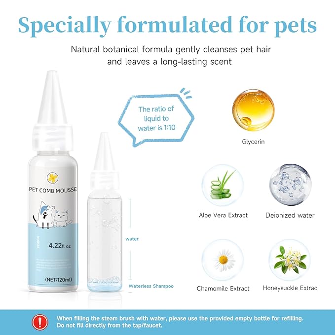Cat Steam Brush, Pet Steam Brush for Cat &amp; Dog, Mist Spray Comb, Spritz Defur Tool, Water Grooming Kit, Dog Hair Removal Steam Cleaner with Release Button-Contains 2*shampoo