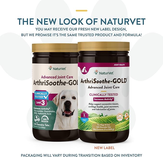NaturVet – ArthriSoothe-GOLD – Level 3 Advanced Joint Care | Clinically Tested to Support Connective Tissue, Cartilage Health &amp; Joint Movement | Enhanced with Glucosamine, MSM, Chondroitin &amp; Green Lipped Mussel | For Dogs &amp; Cats | 120 Chewable Tablets