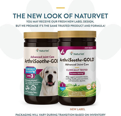 NaturVet – ArthriSoothe-GOLD – Level 3 Advanced Joint Care | Clinically Tested to Support Connective Tissue, Cartilage Health &amp; Joint Movement | Enhanced with Glucosamine, MSM, Chondroitin &amp; Green Lipped Mussel | For Dogs &amp; Cats | 120 Chewable Tablets