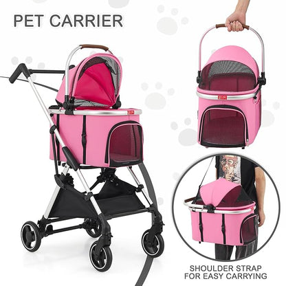 MoNiBloom Pet Stroller for Small/Medium Dogs w/Detachable Carrier &amp; Lightweight Aluminum Frame, Folding Jogging Travel Stroller, Pink