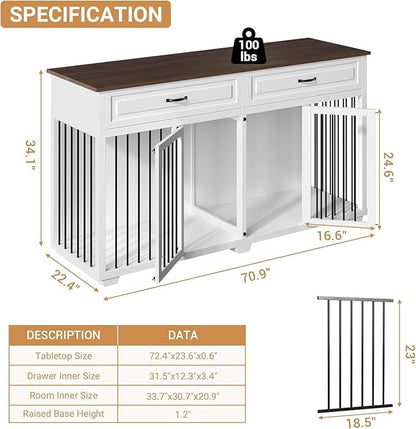 Large Dog Crate with Double Rooms, 72" Heavy Duty Wooden Dog Cage Furniture Dog Crate Kennel with Drawers &amp; Removable Divider,Indoor Luxury Dog House for Large Dogs,White