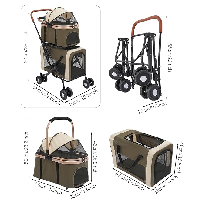 2-Layers Pet Stroller for 2 Cats/Dogs,Foldable Lightweight 77lbs Capacity Carrier, 4 Wheels, Removable Basket &amp; Storage Pocket,for Small Pets (Green)