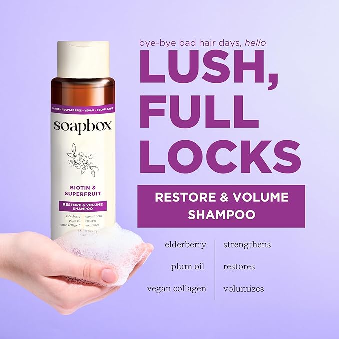 Soapbox Biotin Shampoo, Biotin &amp; Collagen Super Fruit Shampoo for Thin, Fine, Thinning Hair | Volumizing &amp; Repairing to Promote Hair Growth, Strength, Fullness, 1 Liter Pump Bottle