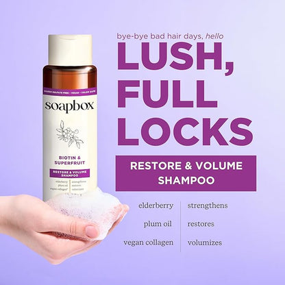 Soapbox Biotin Shampoo, Biotin &amp; Collagen Super Fruit Shampoo for Thin, Fine, Thinning Hair | Volumizing &amp; Repairing to Promote Hair Growth, Strength, Fullness, 1 Liter Pump Bottle
