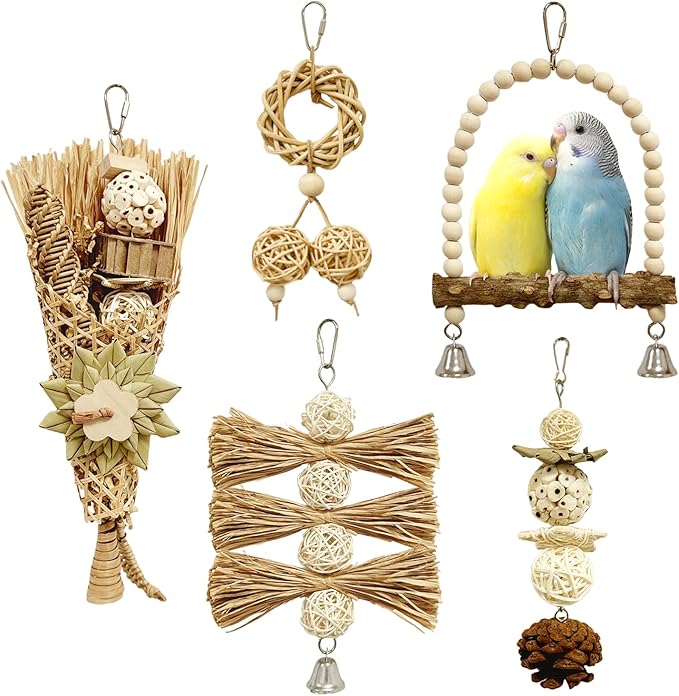 5-Pack Natural Flower Bird Toys – Foraging &amp; Chewing Toys for Parakeets, Cockatiels, Conures &amp; Small Birds – No Plastic, All-Natural Materials
