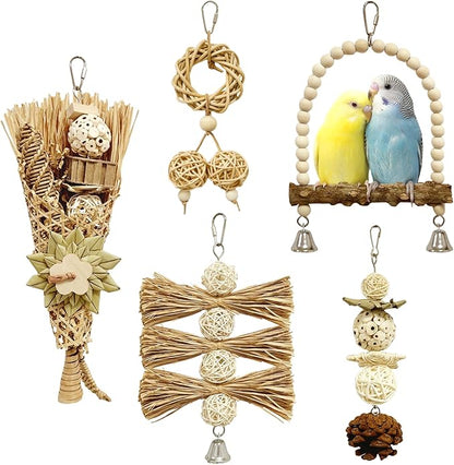 5-Pack Natural Flower Bird Toys – Foraging &amp; Chewing Toys for Parakeets, Cockatiels, Conures &amp; Small Birds – No Plastic, All-Natural Materials