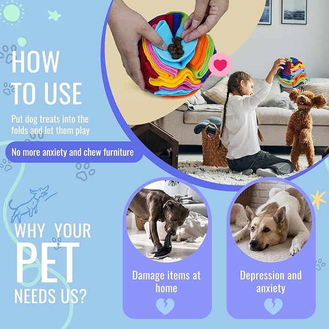 Pet Snuffle Ball, Puzzle Sniffing Interactive Dog Ball for Blind Dogs Training Stress Relief Dog Enrichment Toys Treat Machine Washable (Rainbow Color Upgrade, 10cm)