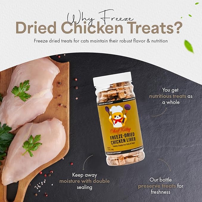 Freeze-Dried Chicken Liver Treats for Cats &amp; Dogs – 100% Human Grade, Single Ingredient, High-Protein, Healthy Snack – No Additives or Preservatives – 1.7oz - Inspected &amp; Tested in USA
