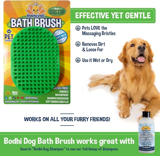 Bodhi Dog Shampoo Brush - Pet Grooming &amp; Bath Supplies for Dogs and Cats - Bath Brush for Long &amp; Short Hair - Premium Scrubber for Shower, Bathing &amp; Massage (One Pack, Green)