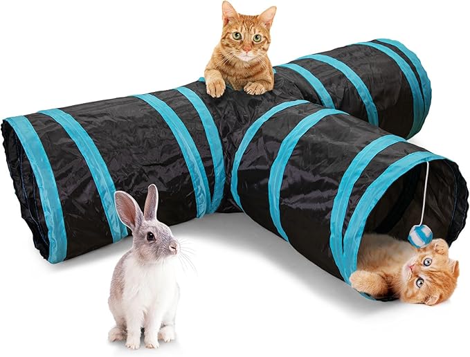 Cat Tunnel, 3 Way Cat Tunnels for Indoor Cats, Foldable Cat Tubes and Tunnels for Cats Kittens, Kitty Bored Peek Hole Toy Ball Cat, Puppy, Kitty, Kitten, Rabbit, Guinea Pigs (Blue &amp; Black)