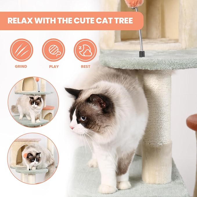 HYABi 63-inch Cat Tree for Large Cats, Multi-Level Flower Tower with Condo, Sisal Scratching Posts &amp; Toy Balls, Sturdy &amp; Safe Indoor Playhouse