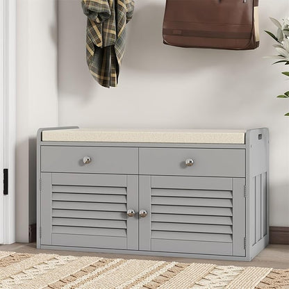 Shoe Storage Bench with 2 Drawers &amp; 2 Doors, Entryway Bench with Cushion, 2 Adjustable Shelves, Shoe Cabinet for Entryway, Living Room, Hallway, Mudroom, Bedroom, Grey