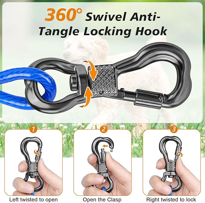 Tresbro 50 FT Dog Tie Out Cable with Spring, Shock Absorbing Tether Chains for Outside Aavilable in 10/15/20/25/30/40/50/70/100/120 FT, Heavy Duty Leads for Yard for Medium &amp; Large Dogs Up to 500 LBS