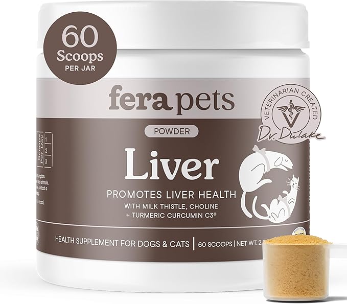 Fera Pets Liver Supplement for Dogs &amp; Cats with Milk Thistle, Choline &amp; Turmeric - Organic Botanicals - Enhances Liver Function, Immunity, Detoxification, &amp; Metabolic Function - Powder - 60 Scoops