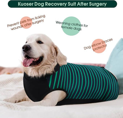 Kuoser Dog Recovery Suit, Anti Licking Dogs Rear Leg Sleeve, Abdominal Dog Surgical Suit with Pants Cover Protect Wounds, Dogs Elbow Protector Soft Pet Surgery Onesie Cone Alternative, Green 3XL