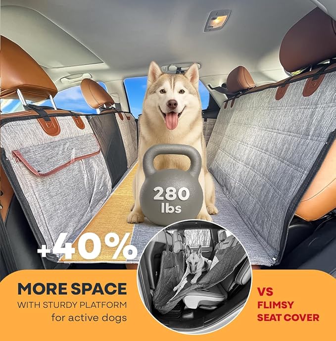 APetsPlanet Dog Car Seat Cover for Back Seat Hard Bottom - Waterproof Backseat Extender for Dogs - Pet Hammock for Car, Truck, SUV - Protector Bed with Mesh Window &amp; Storage - Gray, with Door Covers